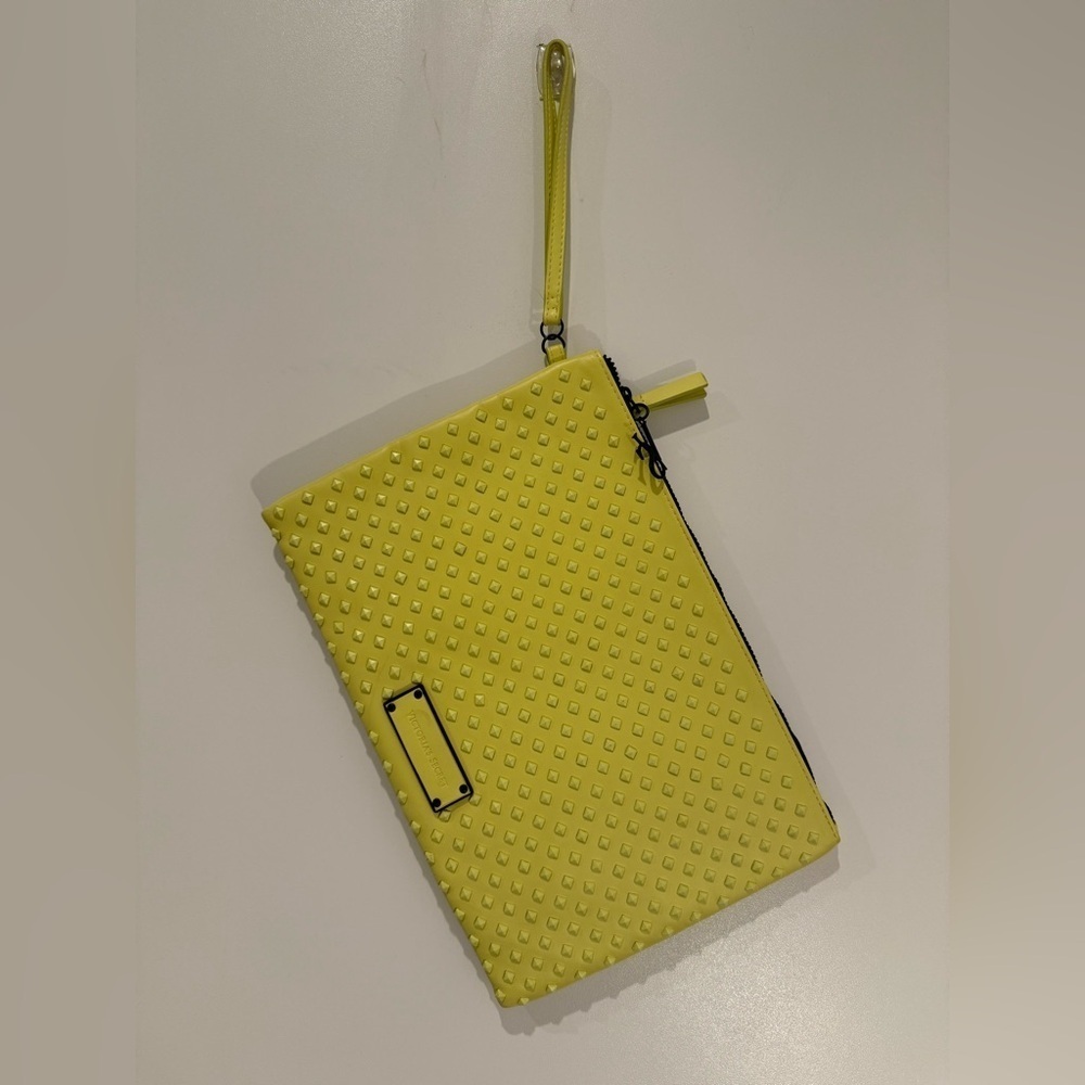 Victorias Secret Bright Yellow Studded Wallet Wristlet Striped Pattern Inside